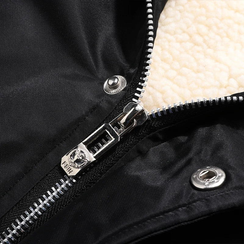 Men's Winter Warm, Hooded Jacket with Raw Edge, Lined Aviator Jacket, Embroidered Badge Design, Windproof and Waterproof Jacket