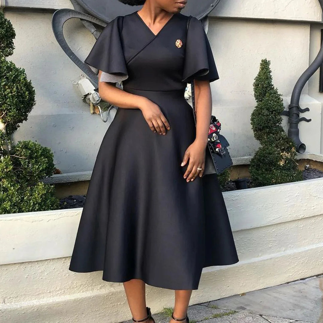 Elegant Party Dresses for Women V Neck Ruffles Sleeve High Waisted Pleated Mid Calf Luxury Birthday Dinner Vestidos Mujer Dress