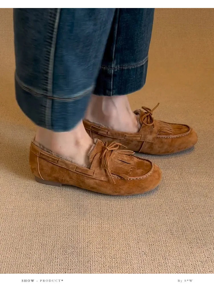 Boots for Women 2025 Hot Sale Warm Women's Flats Daily Casual Flats Women Bow Tie Fringe Round Toe Soft Bottom Boots Ladies