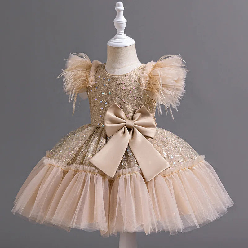 Summer New Girl's Sequin Flying Sleeves Big Bow Mesh Spliced Dress Birthday Party Wedding Flower Girl Princess Dress