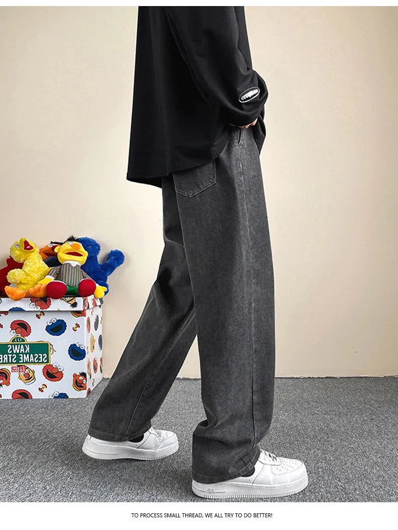 Jeans men's four-season new mopping straight loose wide legs trendy casual handsome comfortable trousers