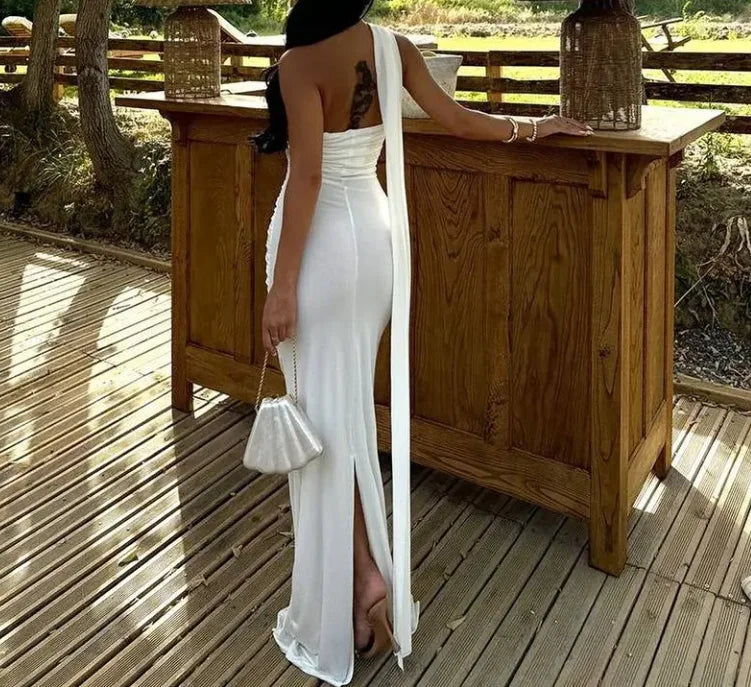 Luxurious Women's Evening Dresses Solid Color Halterneck Dress Backless Streamer Slit Temperament Long Dress for Women