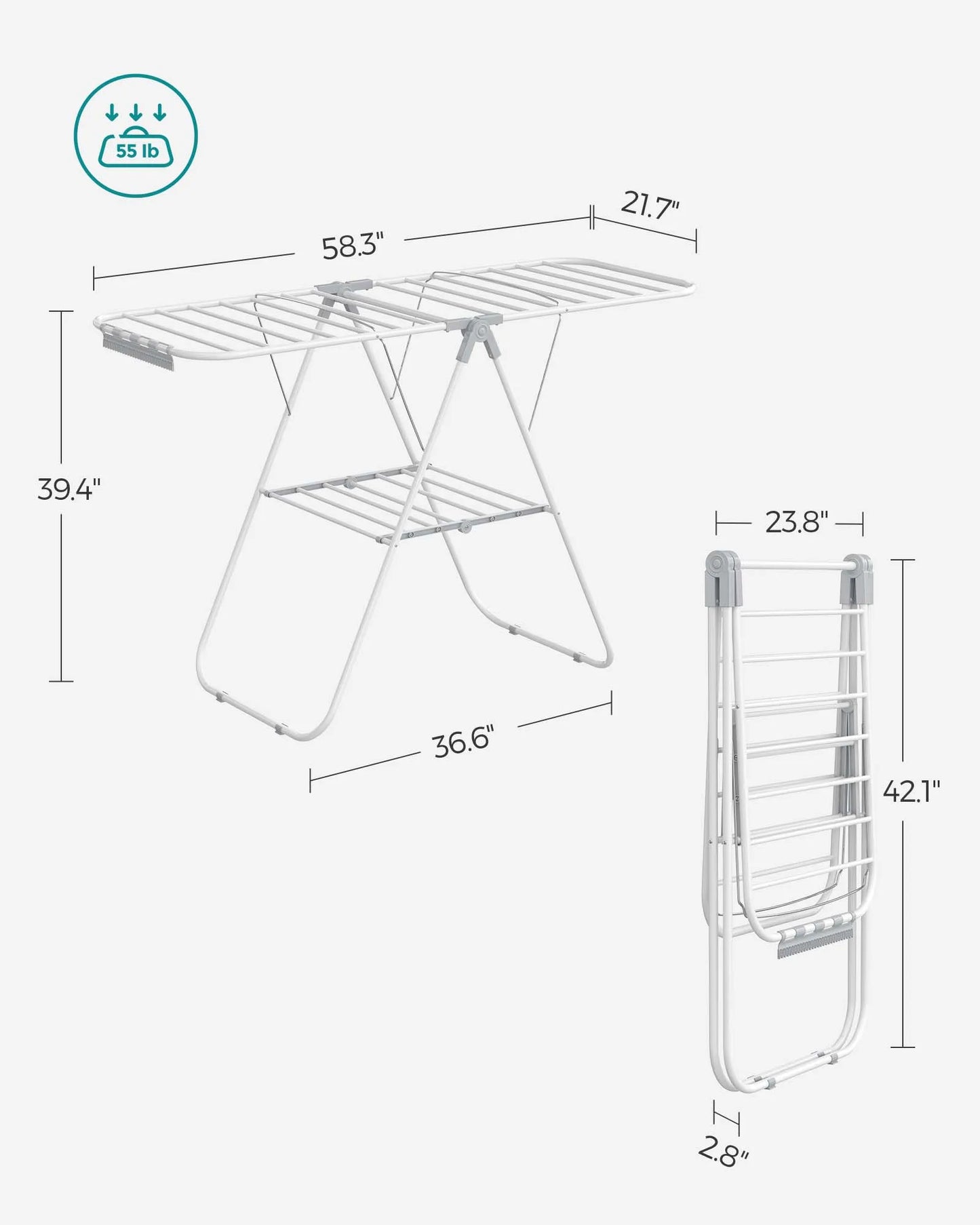 SONGMICS Clothes Drying Rack, With Sock Clips, Metal Laundry Rack, Foldable, Space-Saving, Free-Standing Airer, With Height-A