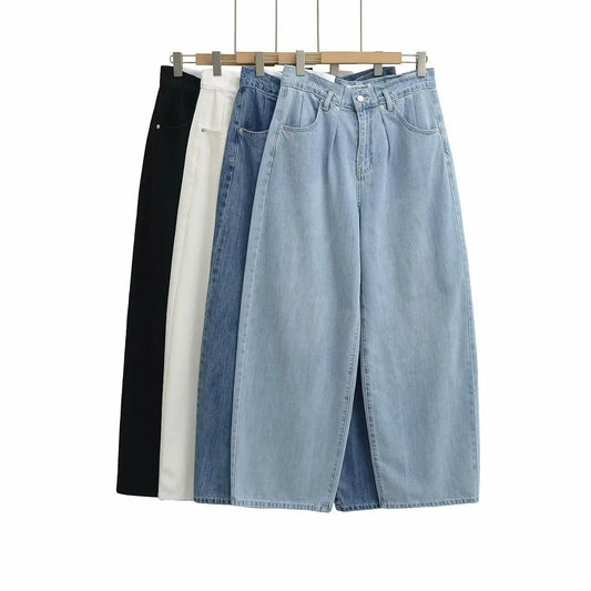 Women 2025 Fashion Straight Jeans Vintage Solid Casual High Waist Wide Leg Denim Pants High Street Lady Trousers Jeans