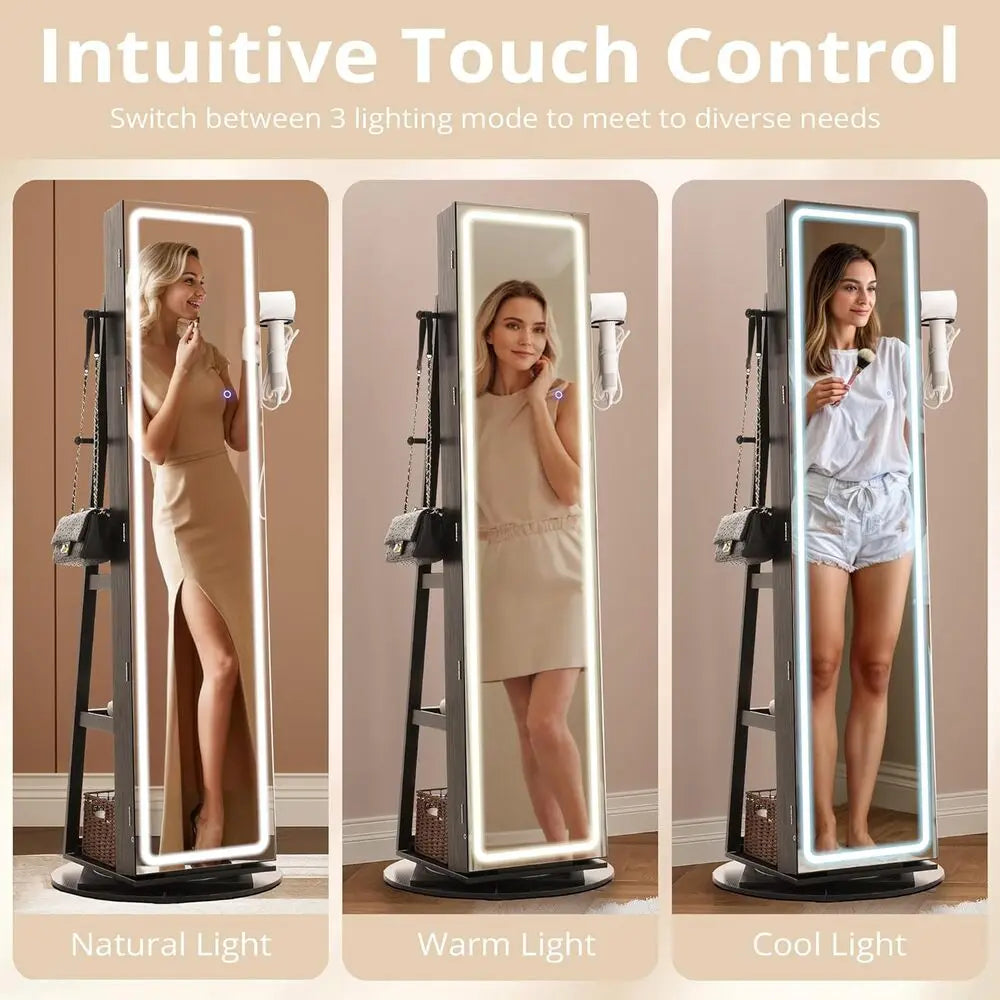 IRONCK LED Mirror Jewelry Cabinet Standing,360° Swivel Lockable Jewelry Armoire with Full Length Mirror and Adjustable LED Light