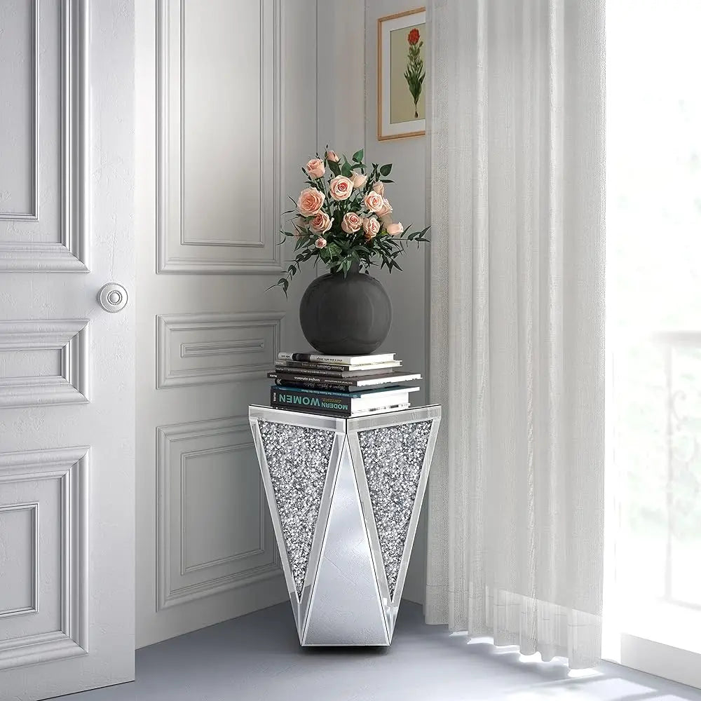 Mirrored End Table Crystal Diamond Setting Coffee Table Silver Glass Side Table Pedestal Stand For Hallway, Living Room,