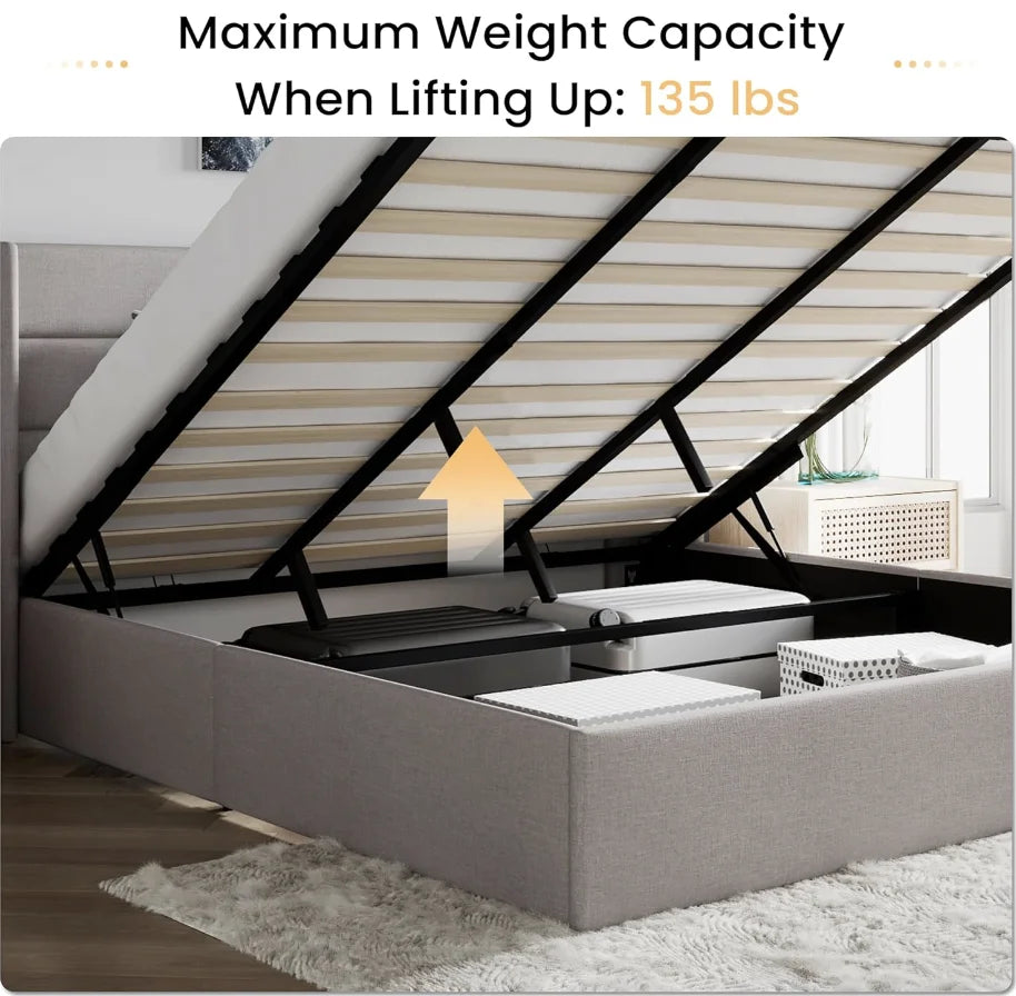King Size Lift Up Storage Bed/Modern Wingback Headboard/Upholstered Platform Bed Frame/Hydraulic Storage/No Box Spring Needed/Wo
