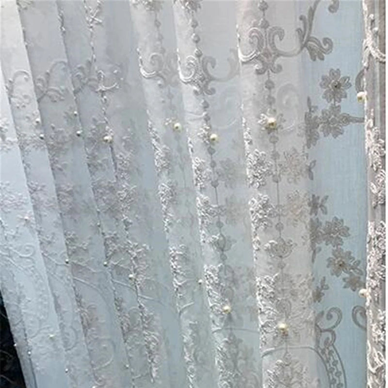 White Elegant Lxury Curtains, Tulle Contain Pearls Embroidery Beads Window Drapes ,Curtain Volie Sheer for Living Room Finished