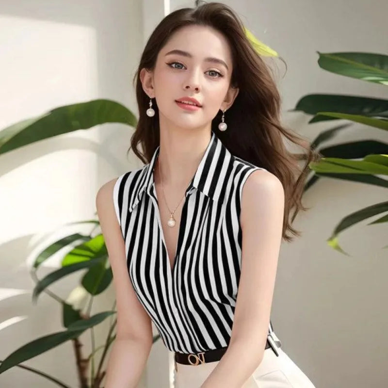 British Polo Collar Sleeveless Chiffon Blouse Red Striped Temperament Women V-neck Elegant Shirts Slim Fit Summer Niche Clothes