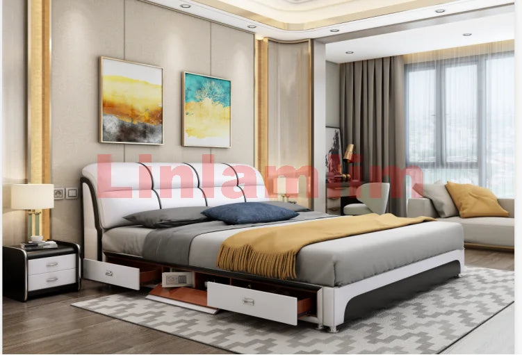 Linlamlim Tech-Smart Multifunctional Bed Genuine Leather Ultimate Camas Tatami Lit with Massage, Projector, Air Purifier,Speaker