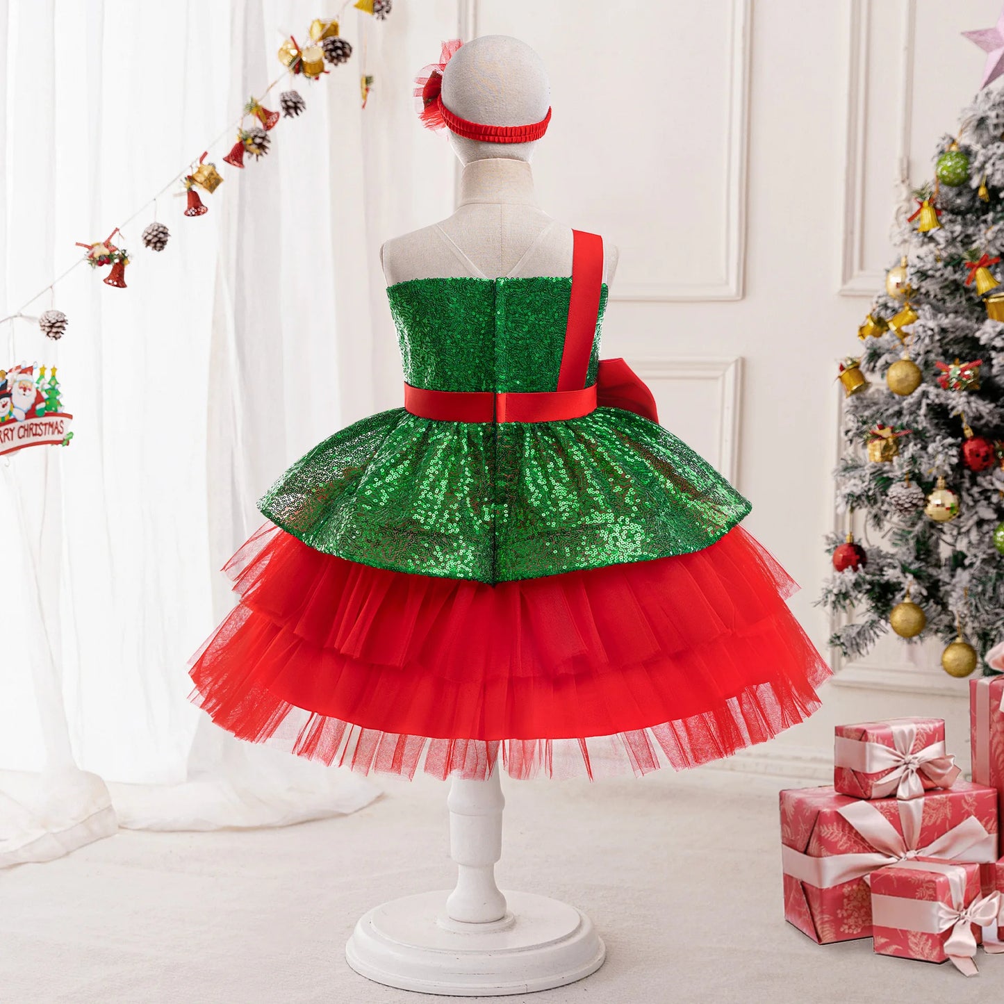 Christmas Dresses Girl Cartoon Print Princess Dress Children Red and Green Sequined Mesh Puff BalL Gown Carnival Clothes