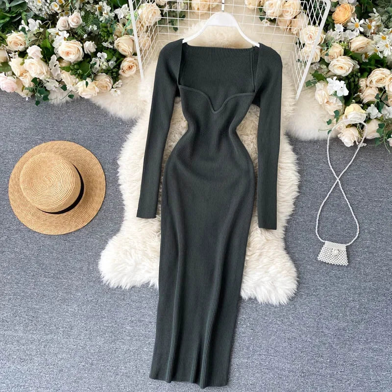 Dresses For Women 2026 Sexy Strapless Ribbed Knitted Bodycon Dress Women Winter Long Sleeve Midi Sweater Dress Clothes