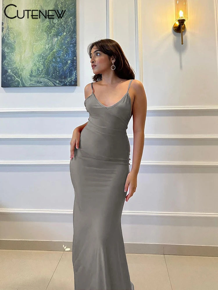 Cutenew Red Shiny Spaghetti Strap Maxi Dress Women Solid Sexy Backless Ruched Cleavage Body-shaping Robe Lady Hipster Streetwear