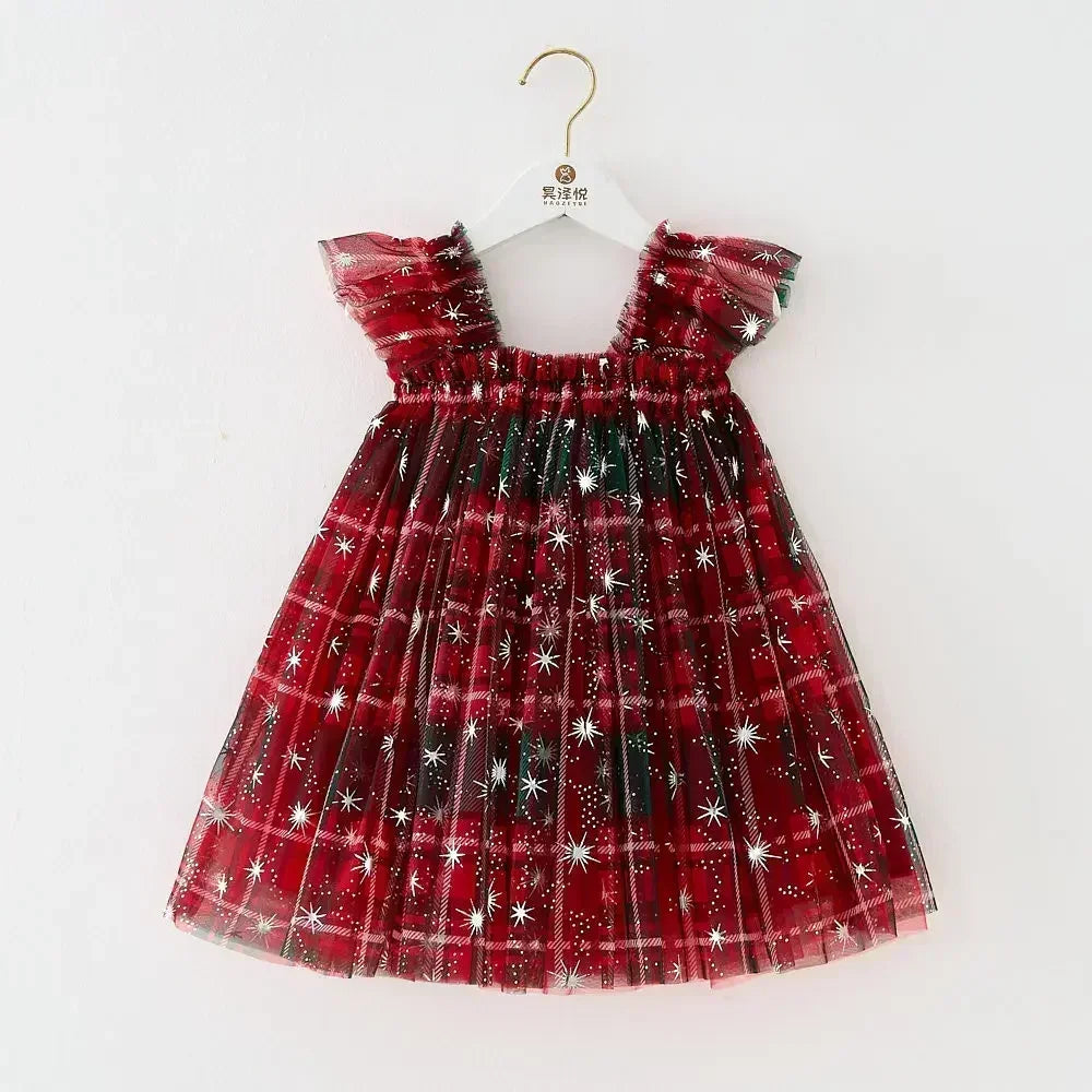 Christmas 2025 Girls Cute Fly Sleeve Star Printed Mesh Puffy Dress Halloween Children Party Photograph Princess Dress 1-6T