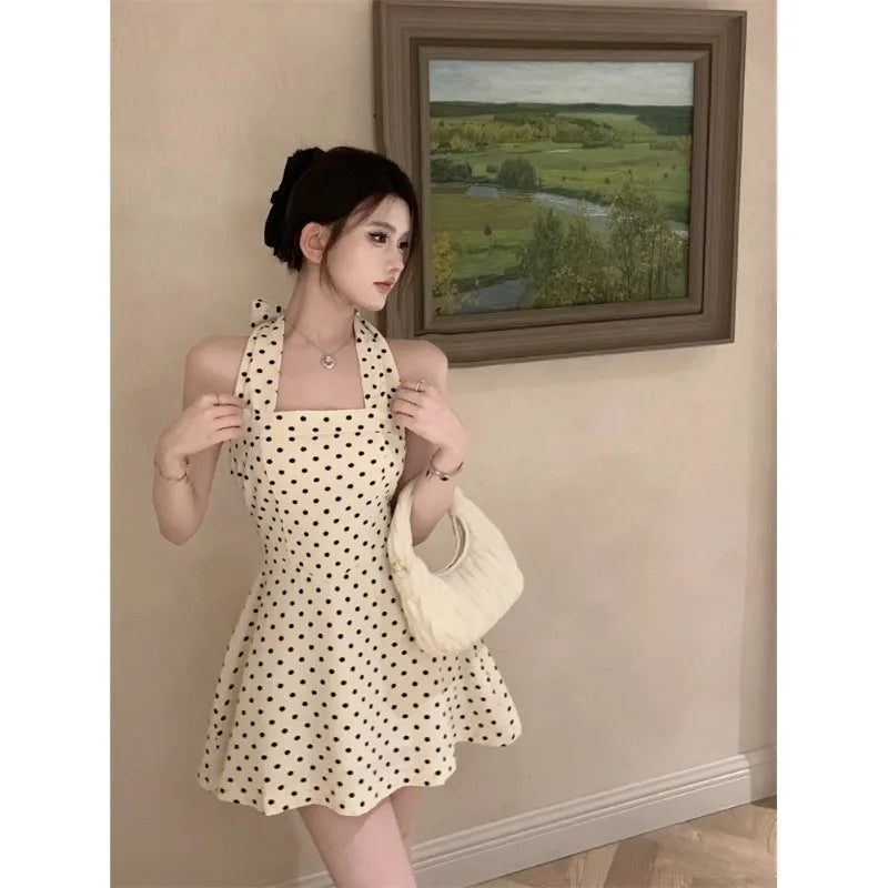 French Halterneck Polka Dot Sling Fluffy Dress Women Lace Up Collarbone Sleeveless Sweet Gentle Slim Summer Chic Lady Spicy Wear