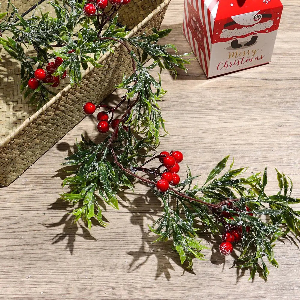 Gift Xmas Tree Ornament Leaves Branches Artificial Red Berries Christmas Decorative Garland Pine Cones Vine Hanging Wreath