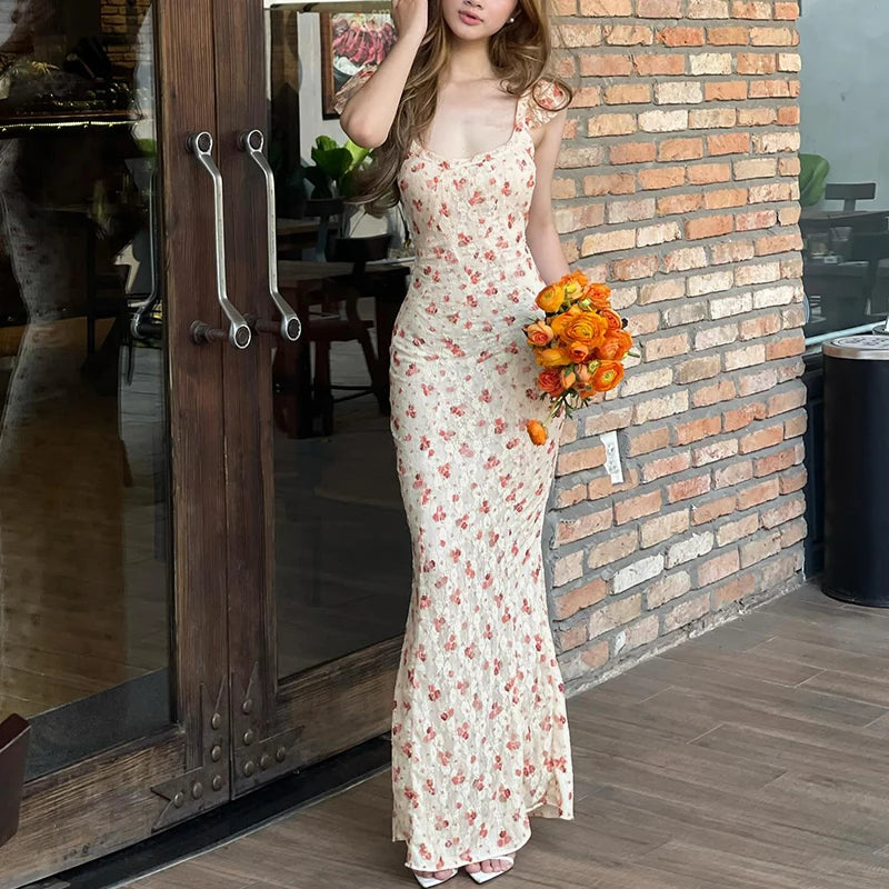 WhereMery Sexy Square-neck Long Maxi Dress Y2K Elegant Vintage Floral Printed Party Dresses Spring Summer Holiday Style Vestidos