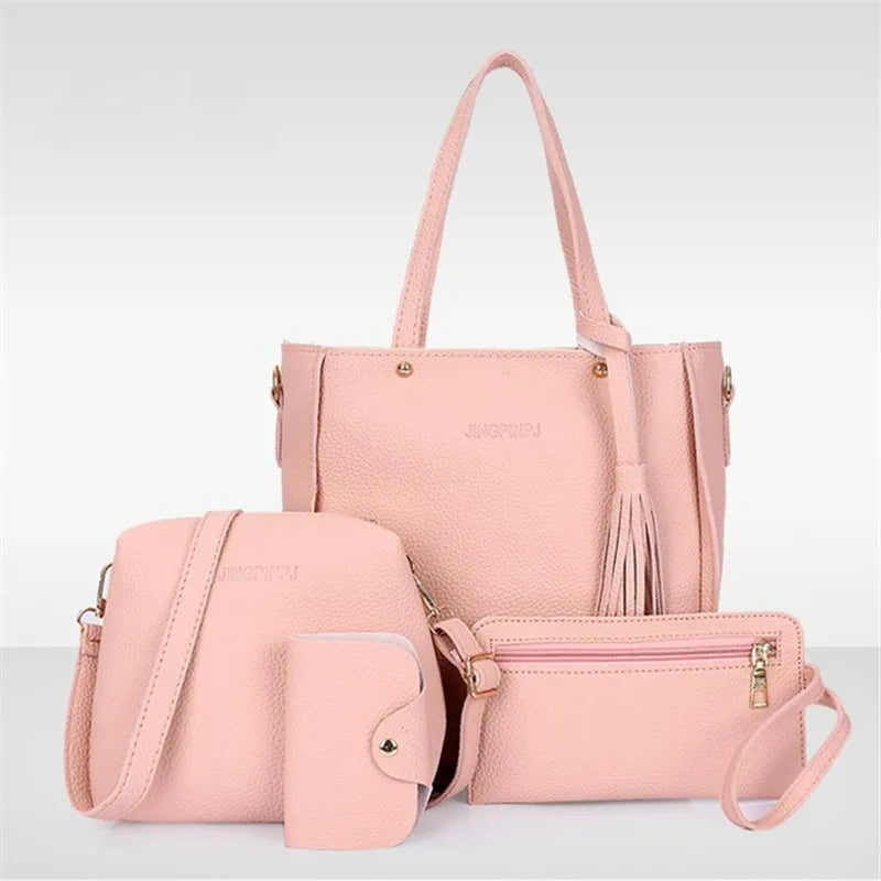 4pcs/set Tassel Bucket Women's Handbag Stylish Crossbody Bag Clutch and Wallet, Solid Color PU Shoulder Bags for Women Daily Use