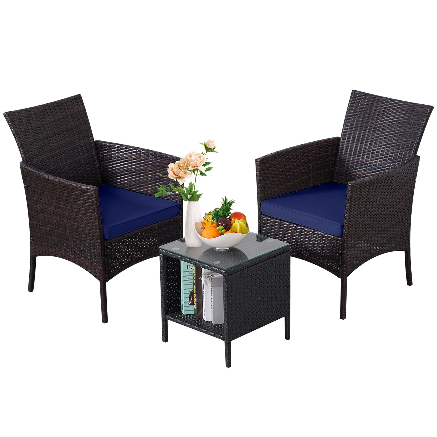 NAGA BAHNA 3-Piece Bistro Set Outdoor Patio Furniture Rattan Chairs Table Soft Cmats Tempered Glass Durable Comfortable Garden