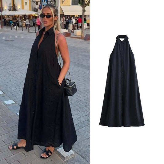 Dresses Summer Women's 2025 New Neck-Hanging Elegant Long Holiday Dress Women Street Chic Youth Loose Fashion Dress