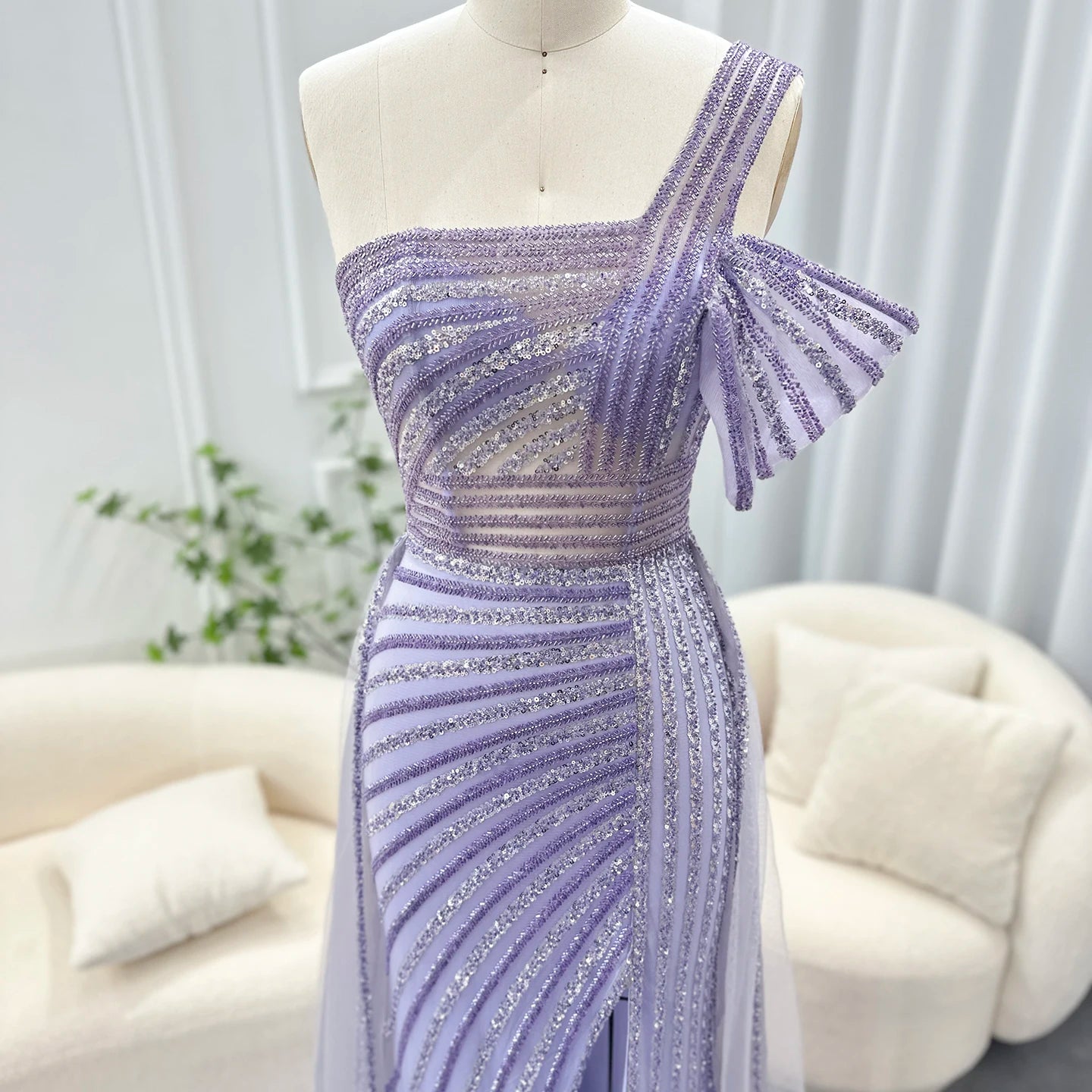 Sharon Said Luxury Dubai Evening Dresses with Overskirt Side Slit Lilac One Shoulder Wedding Formal Party Gowns SS016 Customized