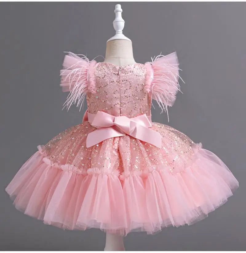 Summer New Girl's Sequin Flying Sleeves Big Bow Mesh Spliced Dress Birthday Party Wedding Flower Girl Princess Dress