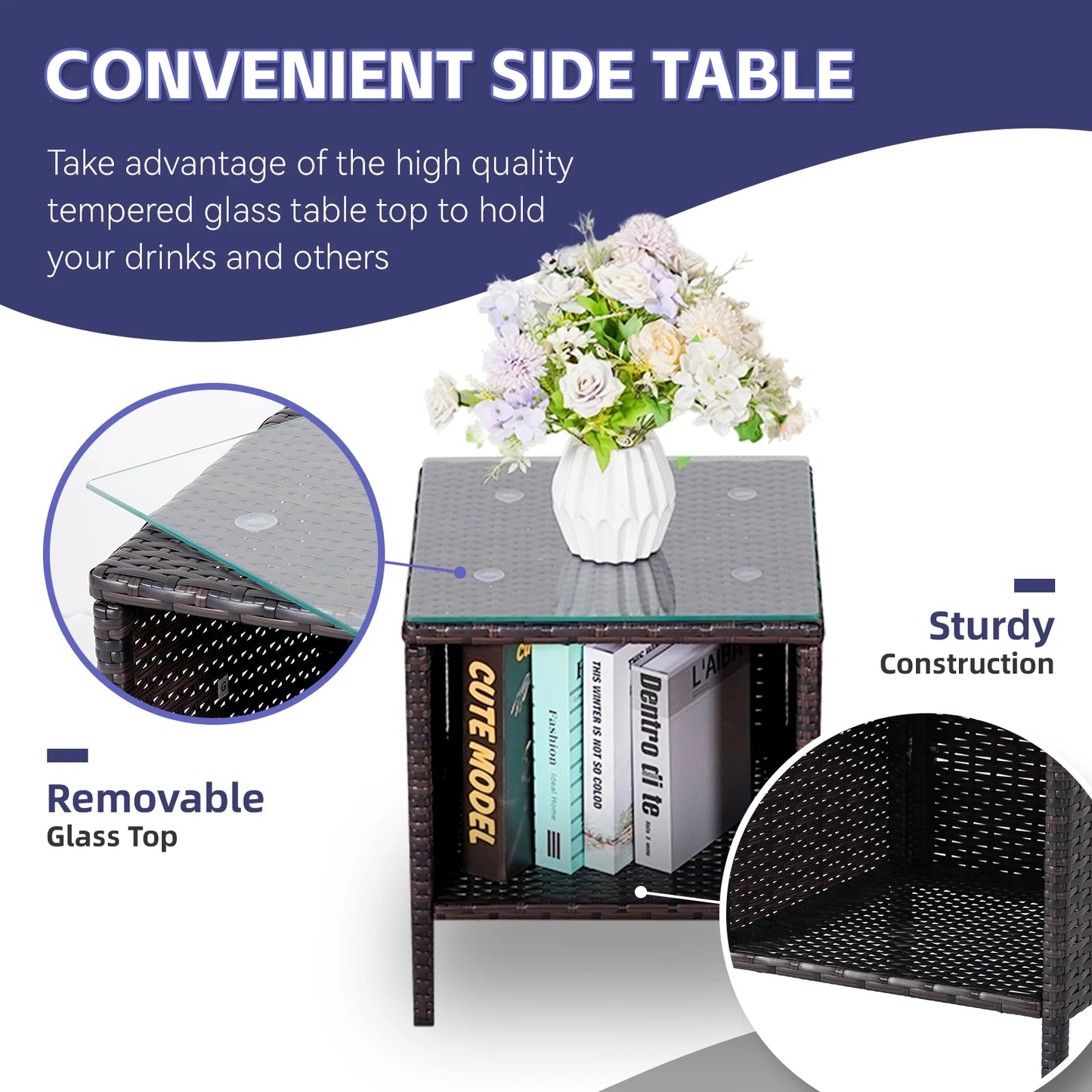 NAGA BAHNA 3-Piece Bistro Set Outdoor Patio Furniture Rattan Chairs Table Soft Cmats Tempered Glass Durable Comfortable Garden