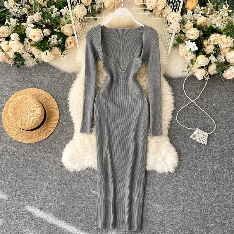 Dresses For Women 2026 Sexy Strapless Ribbed Knitted Bodycon Dress Women Winter Long Sleeve Midi Sweater Dress Clothes