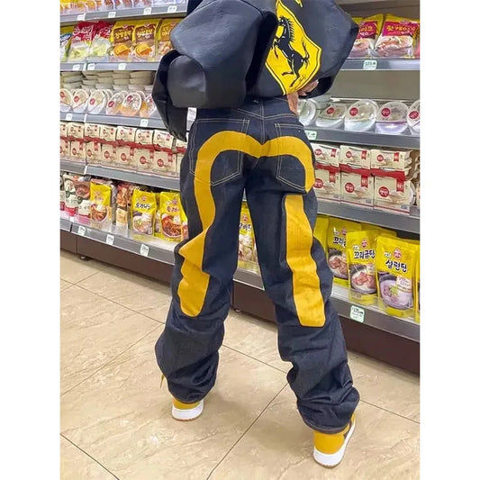 Jeans Women Gothic Y2K Retro Streetwear Black Cargo Punk Vintage Kpop Print Wide Leg Denim Panrts Female Autumn Trousers Pants