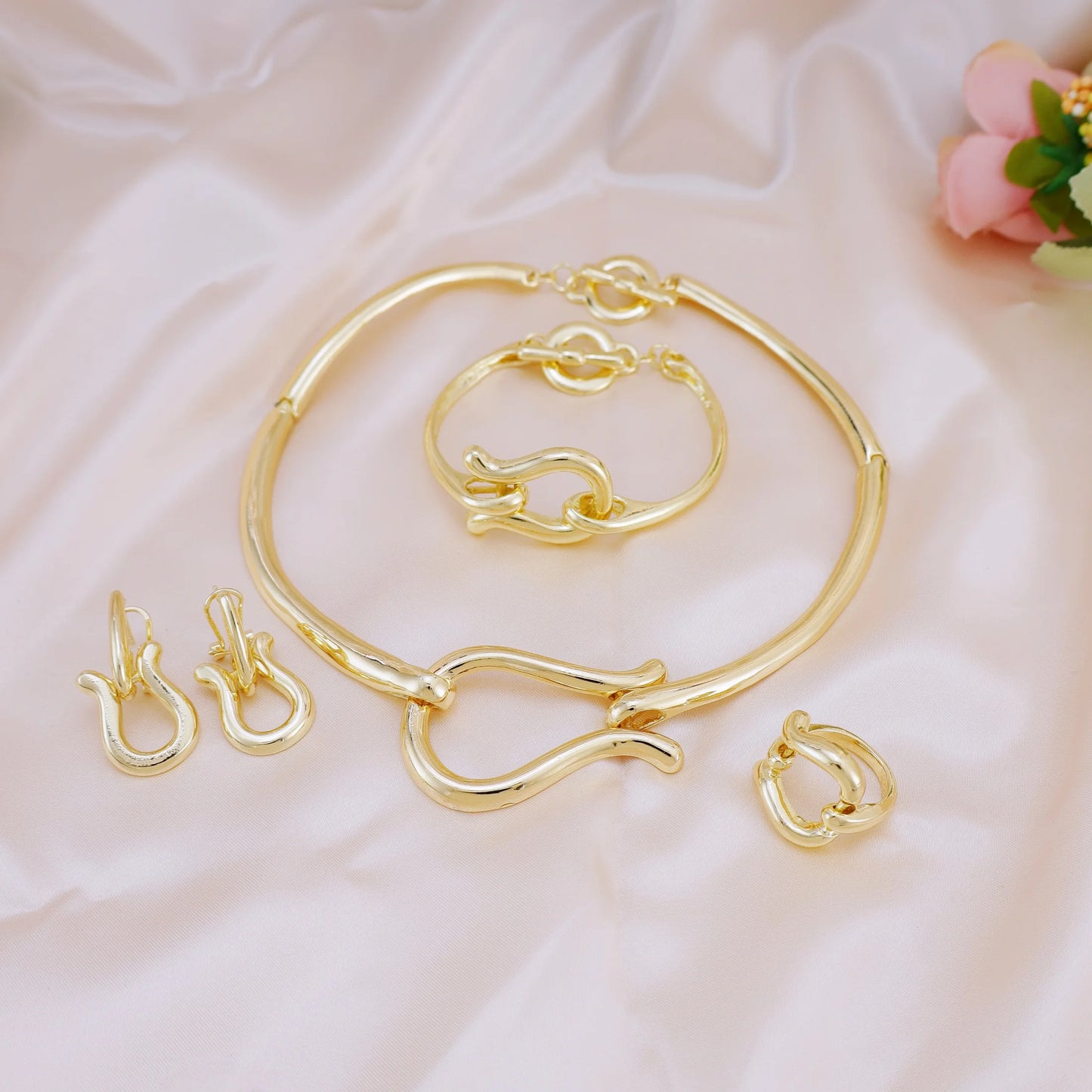 Fashion Jewelry Sets For Women Gold Color Choker Necklace Earrings Bracelets Ring Wedding Set Party Accessories