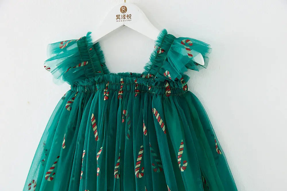 Christmas 2025 Girls Cute Fly Sleeve Star Printed Mesh Puffy Dress Halloween Children Party Photograph Princess Dress 1-6T