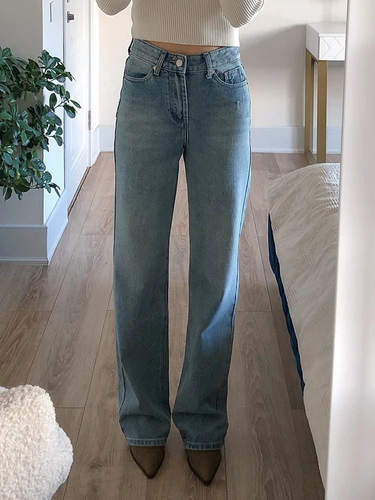 Blue Jeans Women High Waist 2025 Loose Casual Boyfriend Long Jeans For Work Ladies Simple Straight Leg Denim Pants For Women