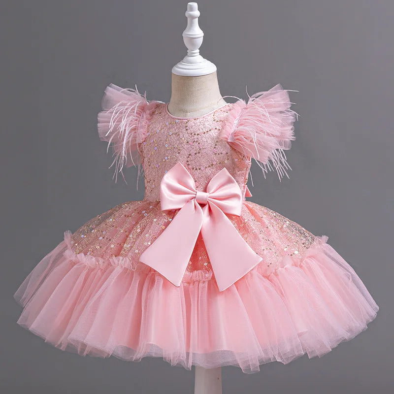 Summer New Girl's Sequin Flying Sleeves Big Bow Mesh Spliced Dress Birthday Party Wedding Flower Girl Princess Dress