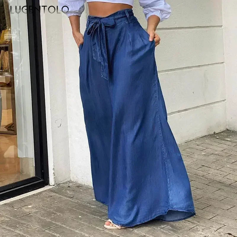 Elegant High Waist Jeans Women Denim Summer Wide-leg Pants Lace-up Solid Female Lage Size Street Casual Trousers Clothing