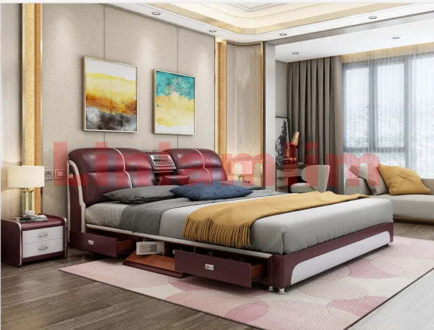 Linlamlim Tech-Smart Multifunctional Bed Genuine Leather Ultimate Camas Tatami Lit with Massage, Projector, Air Purifier,Speaker
