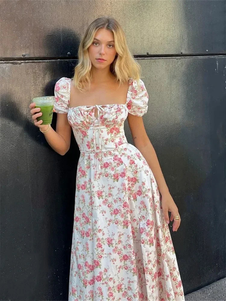 Puff Sleeve Floral Long Dress Women Summer Short Sleeve Square Neck Lace-up Split Dress Casual Sexy Vintage Dresses Female 2024