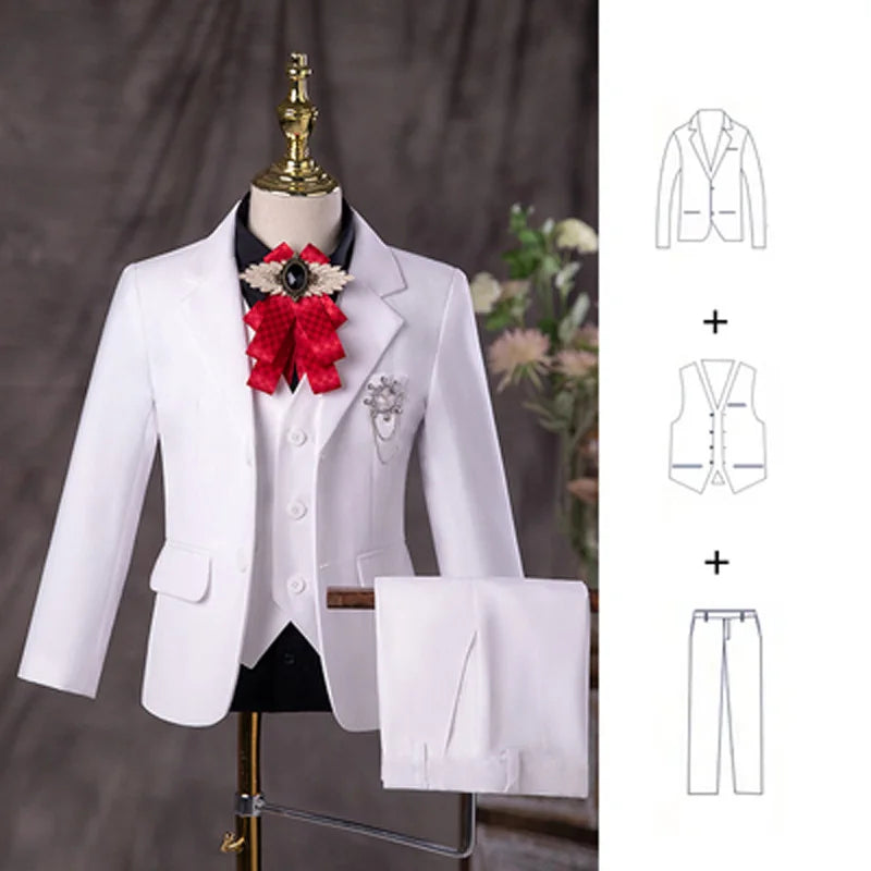 Flower Boys White Baptism Suit Kids Jakcet Vest Pants 3PCS Formal Wedding Dress Children Birhtday Photograph Performance Costume