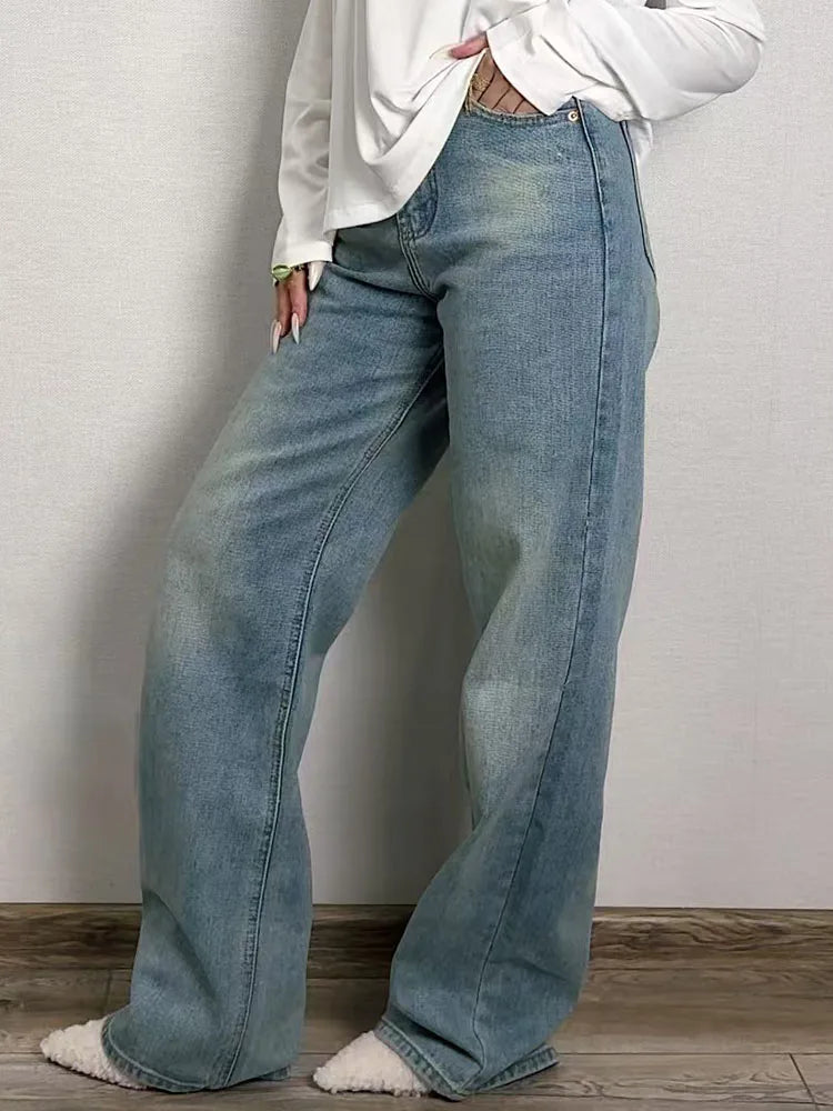 Blue Jeans Women High Waist 2025 Loose Casual Boyfriend Long Jeans For Work Ladies Simple Straight Leg Denim Pants For Women