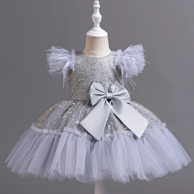 Summer New Girl's Sequin Flying Sleeves Big Bow Mesh Spliced Dress Birthday Party Wedding Flower Girl Princess Dress