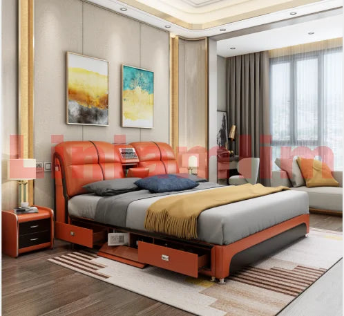Linlamlim Tech-Smart Multifunctional Bed Genuine Leather Ultimate Camas Tatami Lit with Massage, Projector, Air Purifier,Speaker