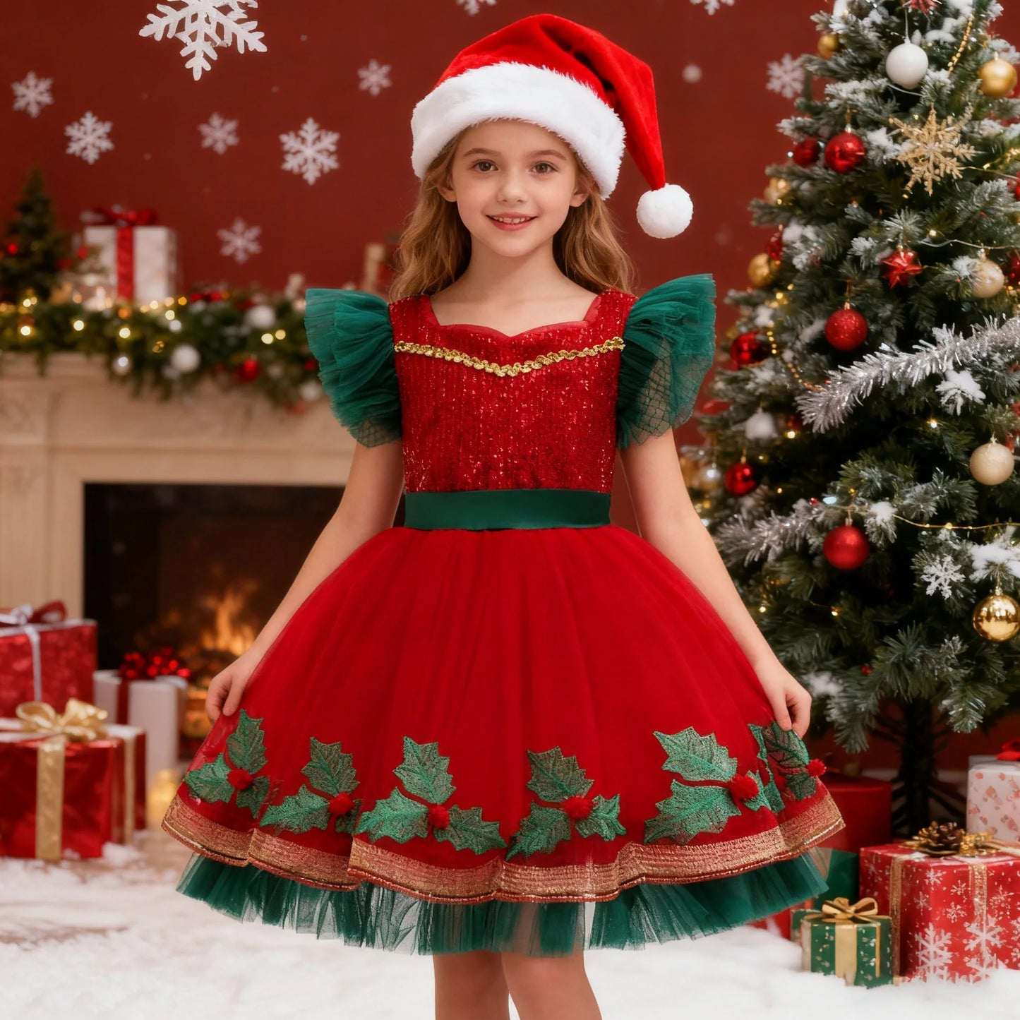 Christmas Dresses for Girl Princess Dress and Santa Claus hat KIds Carnival Festival Clothing Children Sequined Mesh prom Gown