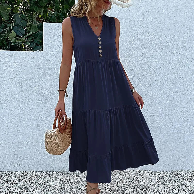 Dresses for Women 2025 Summer V-neck Single-breasted Vest Dress Sleeveless Loose Casual Solid Color Dress Vestidos De Mujer