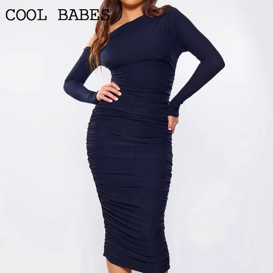 Women's Dresses Spring New Fashion Streetwear Long Sleeves Folds Dresses Bodycon Solid Sexy Elegant Party Female Knitted Dress