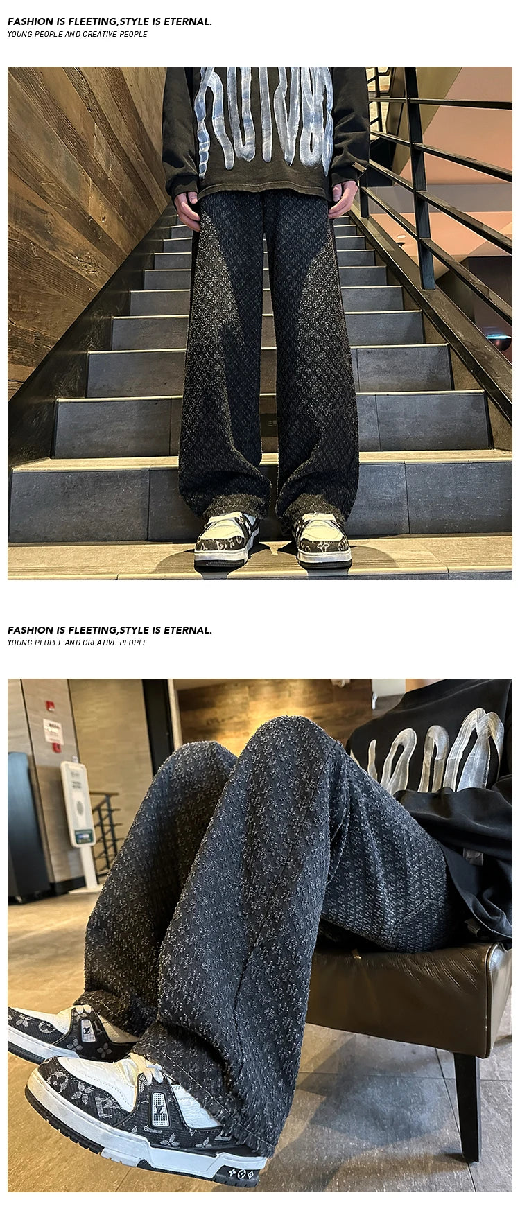 Jeans men Fashion hombre Jacquard Pattern Denim Pants Male Straight Fitting Baggy Bottoms Distressed Wide Jeans For Men