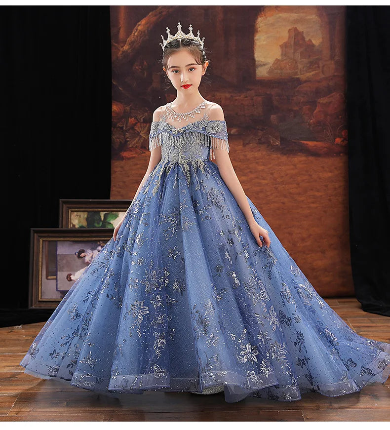 Girl Elegant Off Shoulder Dress Fashion Runway Show Luxurious Princess Dresses for Girls Birthday Party Long Kids Vestidos