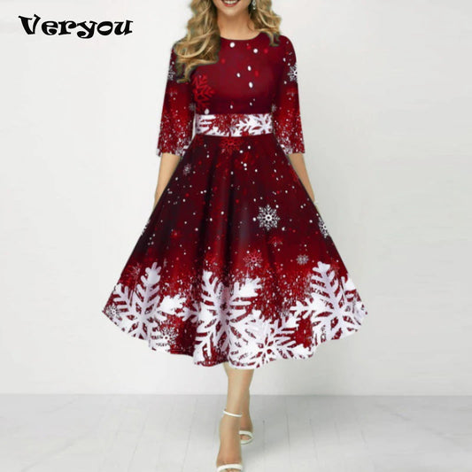 Christmas Dress Women O Neck 3/4 Sleeve A-Line Party Dresses For Women Fashion Printed Midi Dress Red Evening Dress