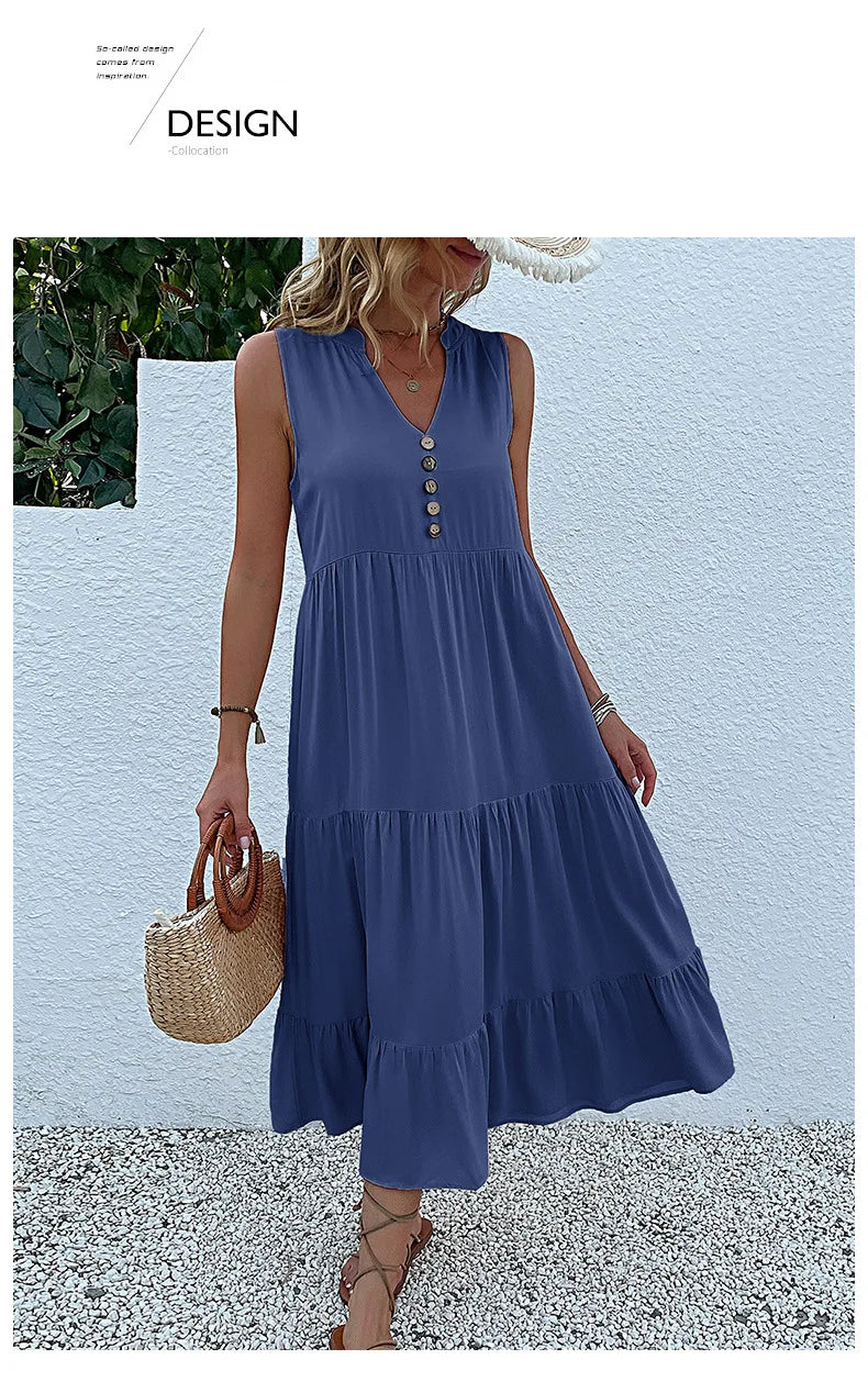 Dresses for Women 2025 Summer V-neck Single-breasted Vest Dress Sleeveless Loose Casual Solid Color Dress Vestidos De Mujer
