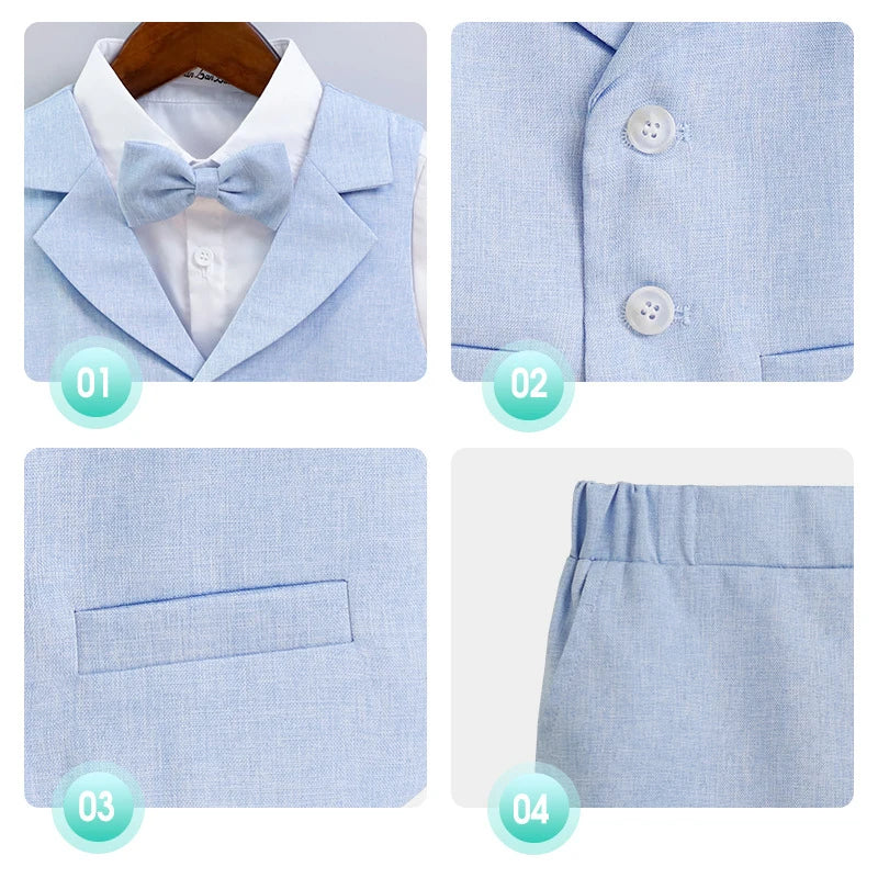 Children's Summer Blue Vest Dress Suit Boy Birthday Party Performance Photography Costume Kids Waistcoat Shorts Bowtie Outfit