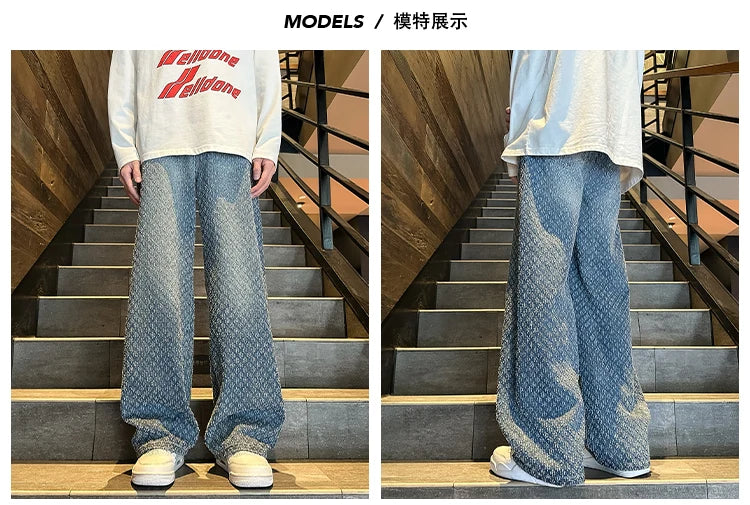 Jeans men Fashion hombre Jacquard Pattern Denim Pants Male Straight Fitting Baggy Bottoms Distressed Wide Jeans For Men