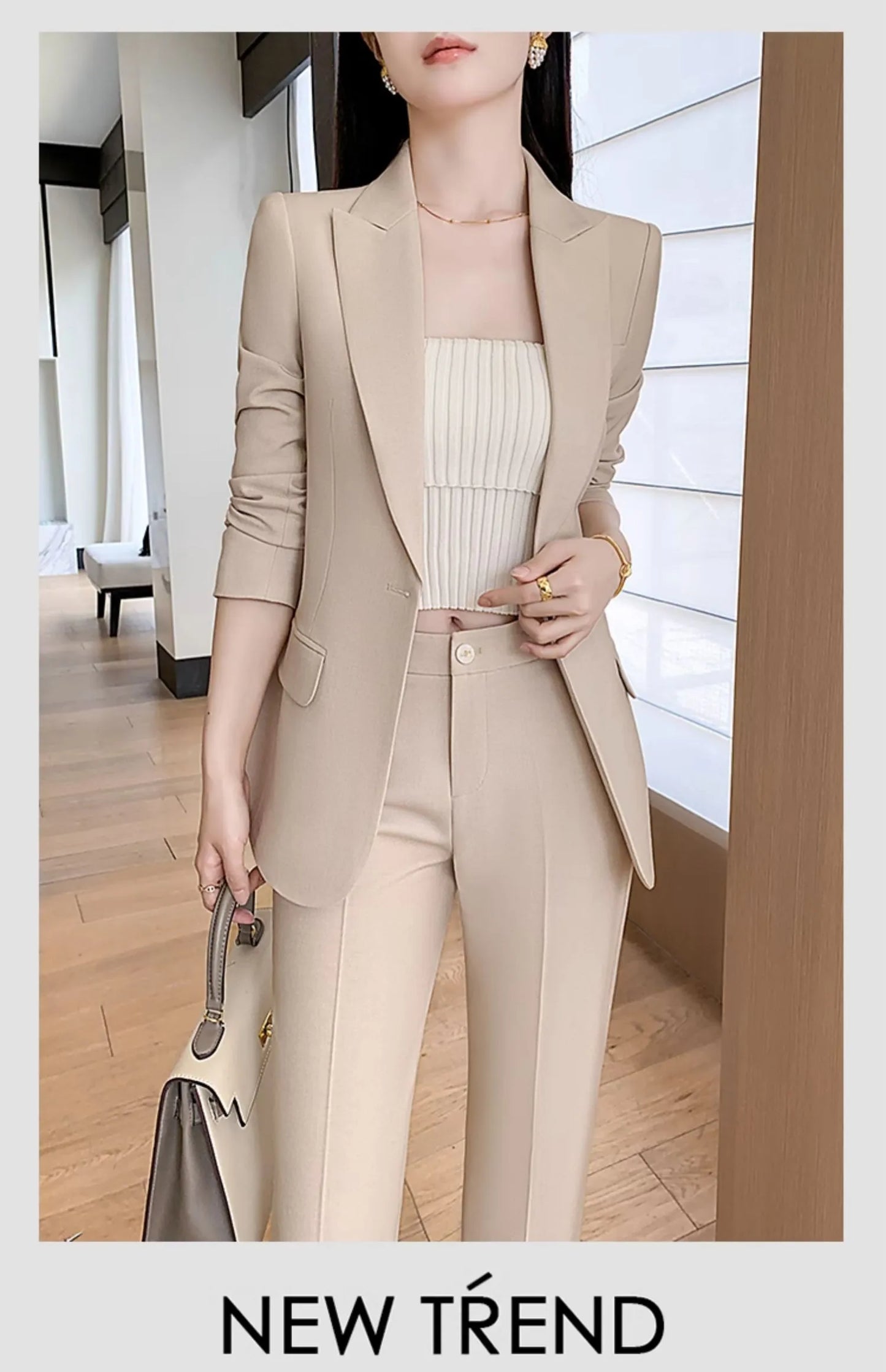 Fashion New Women Vintage Formal Solid Pantsuit Elegant Chic Blazer Coat Straight Pants Outfits Female Interview Two Pieces Set